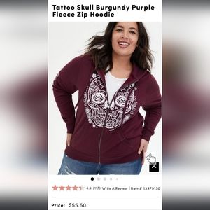 Torrid | Tattoo Skull Burgundy Purple Fleece Zip Hoodie | Size 2